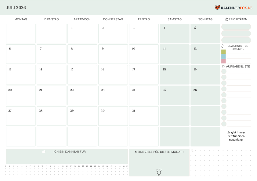 Kalender juli 2026 mit Prioritäten
