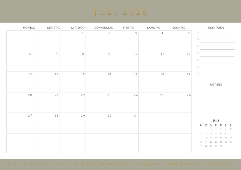 Kalender juli 2026 mit Zitaten