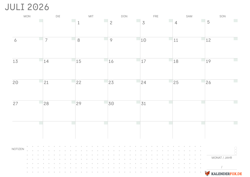 Leerer Kalender juli 2026