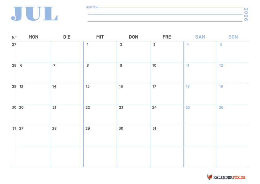 Minimalistischer Kalender juli 2026