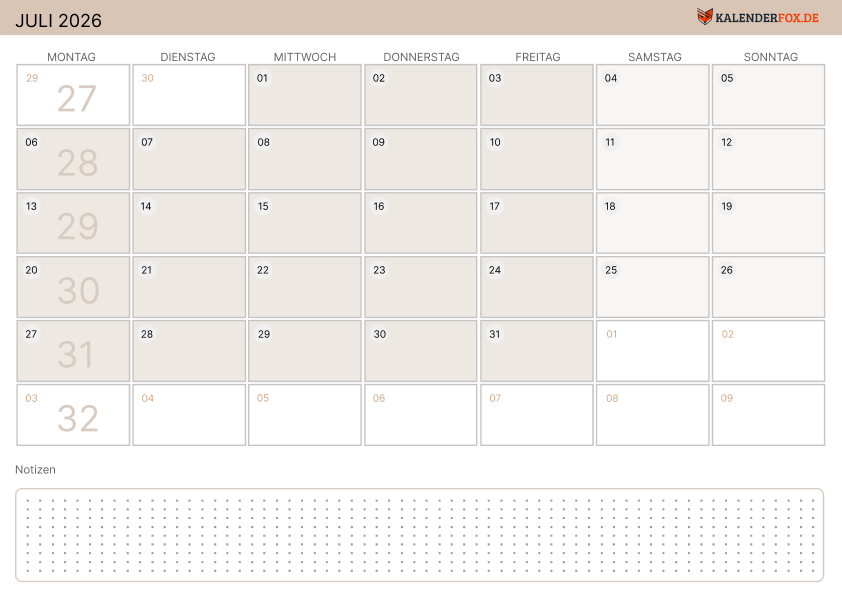 Moderne Kalender juli 2026
