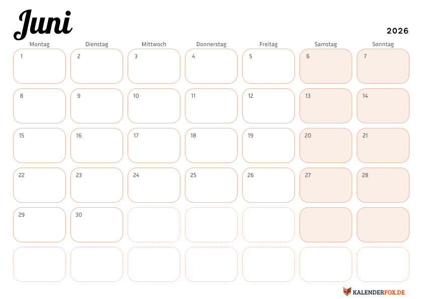 Eleganter kalender juni 2026
