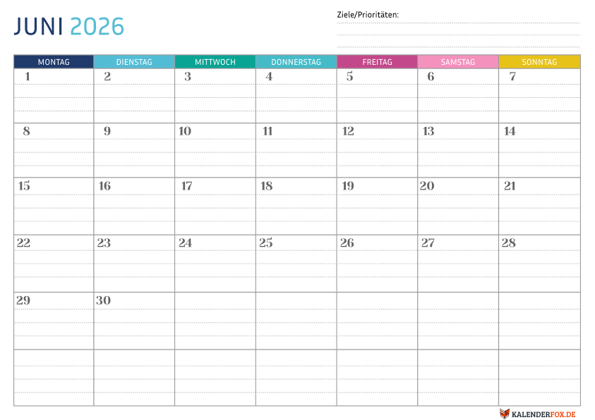 Gepunktete Kalender juni 2026