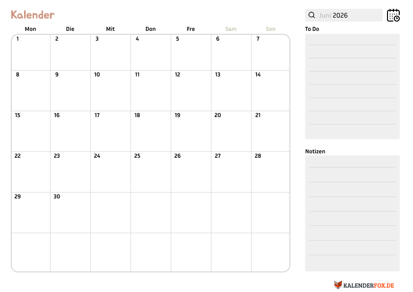 Kalender juni 2026 mit Notizen