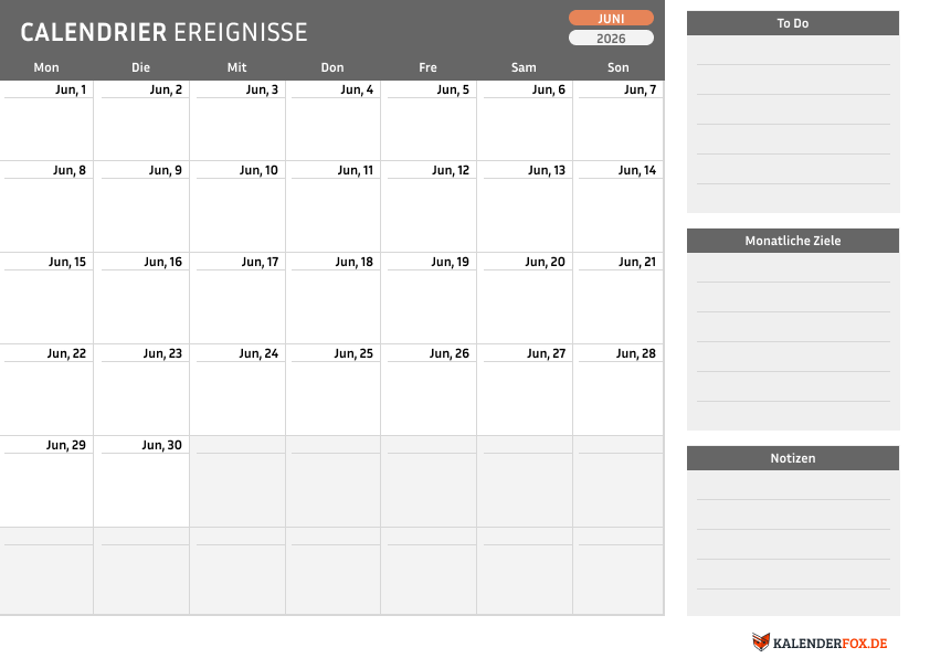Kalender juni 2026 mit To Do Liste