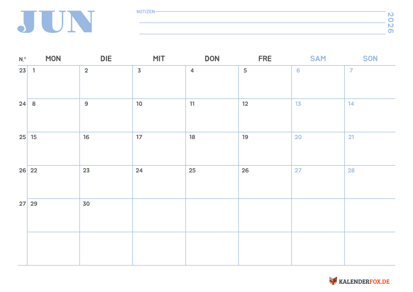 Minimalistischer Kalender juni 2026