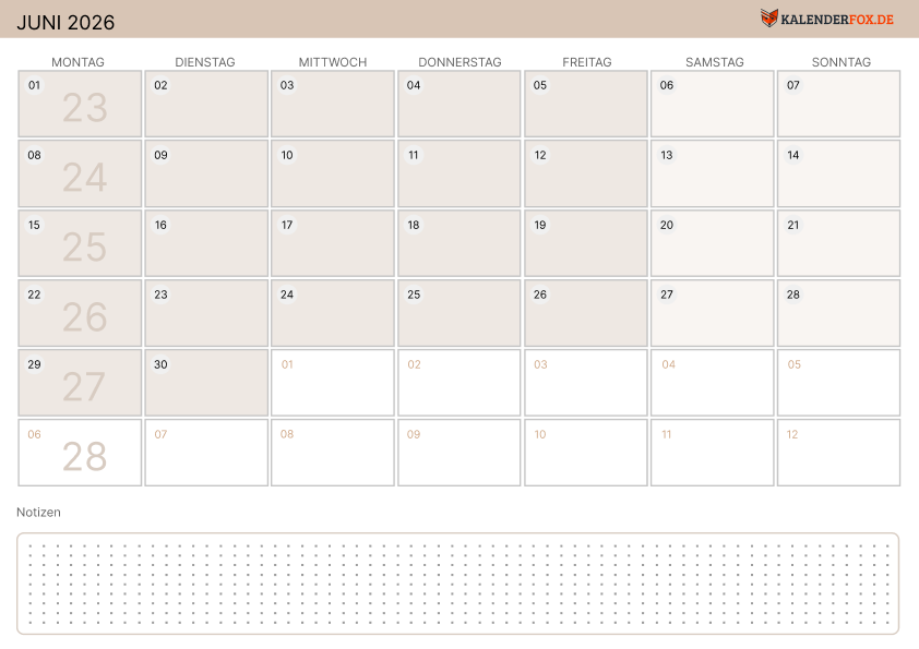 Moderne Kalender juni 2026