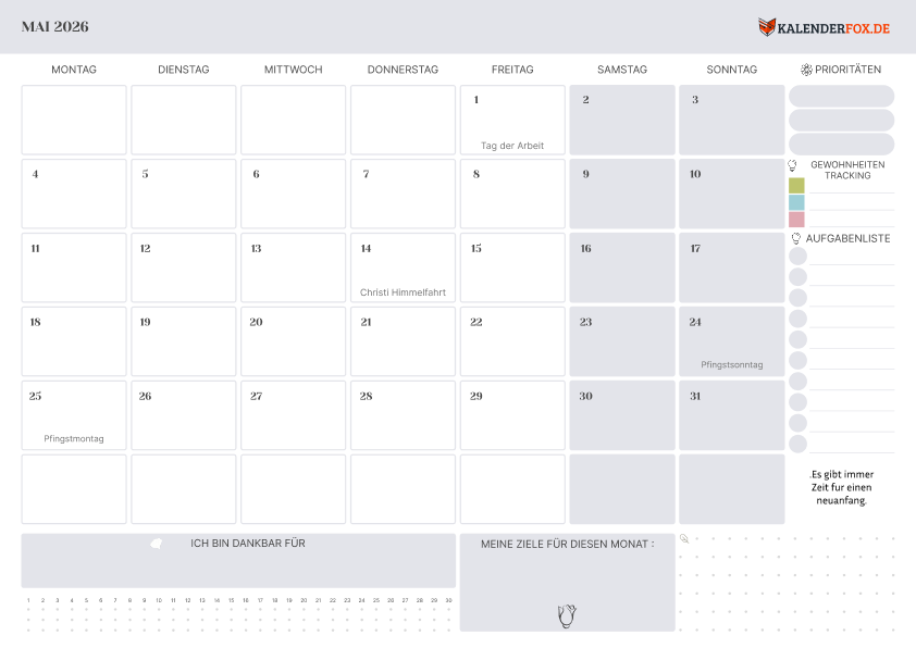 Kalender mai 2026 mit Feirtagen