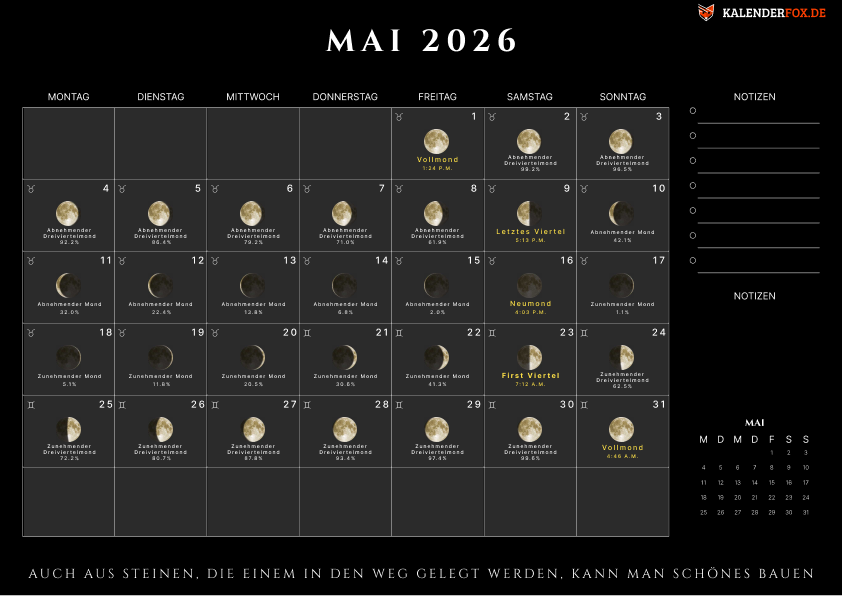 Kalender mai 2026 mit Moonphasen