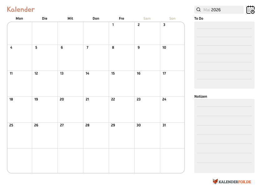 Kalender mai 2026 mit Notizen