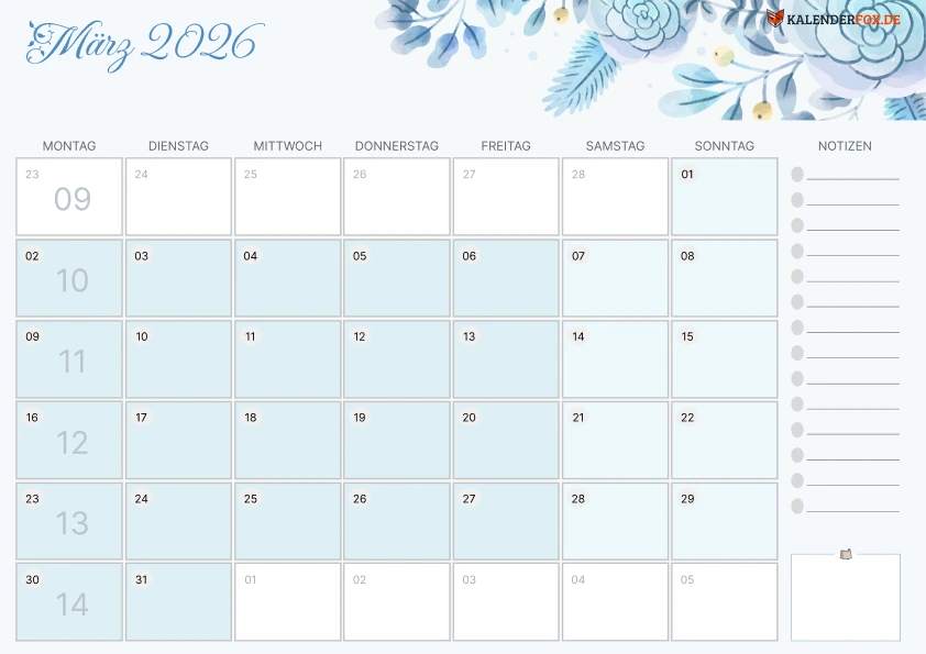 Aesthetic Kalender märz 2026