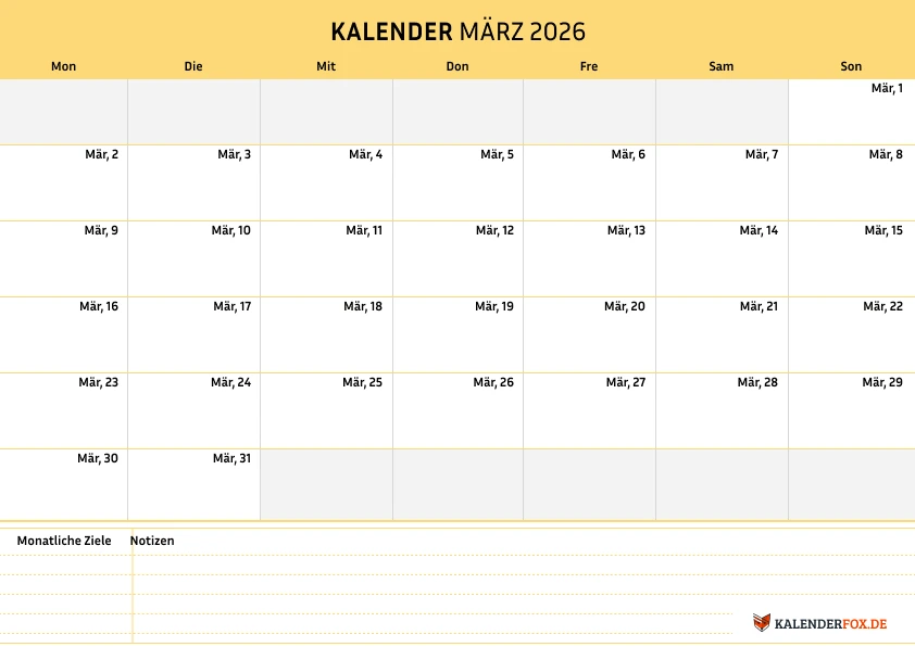Einfacher Kalender märz 2026