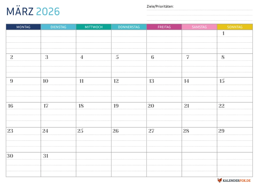 Gepunktete Kalender märz 2026