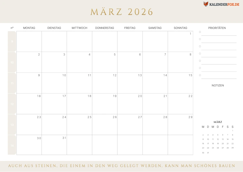 Kalender märz 2026 mit KW