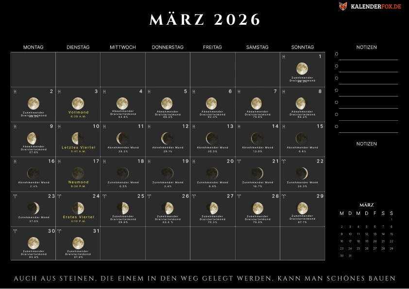 Kalender märz 2026 mit Moonphasen