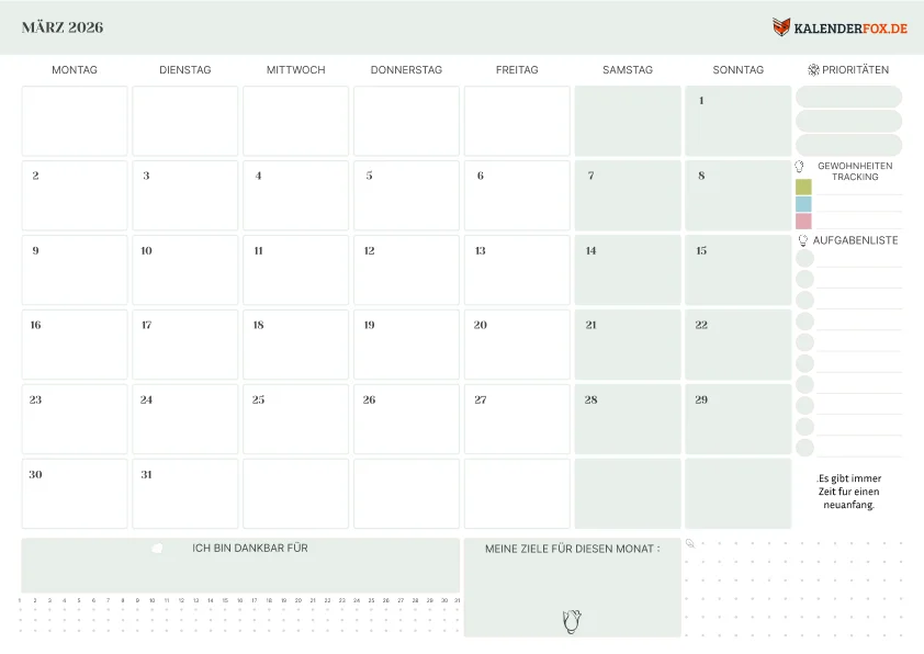 Kalender märz 2026 mit Prioritäten