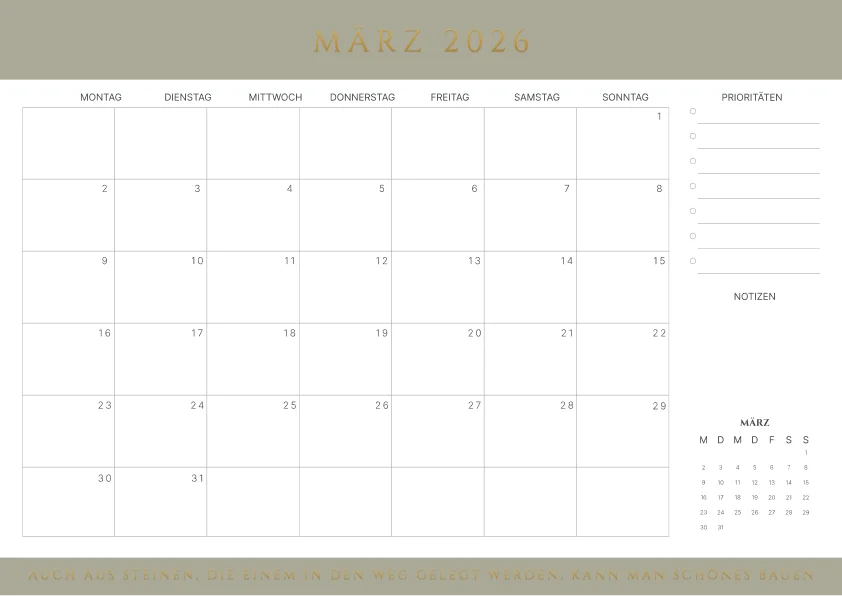 Kalender märz 2026 mit Zitaten