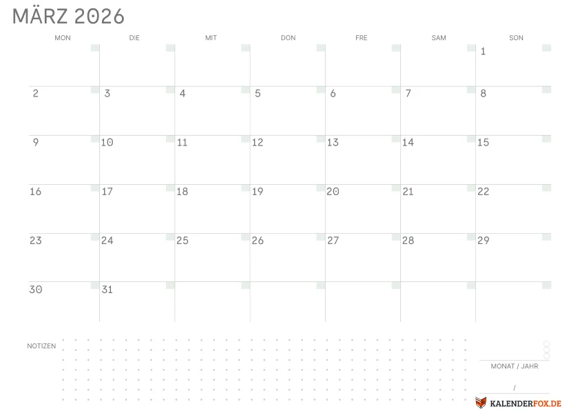 Leerer Kalender märz 2026