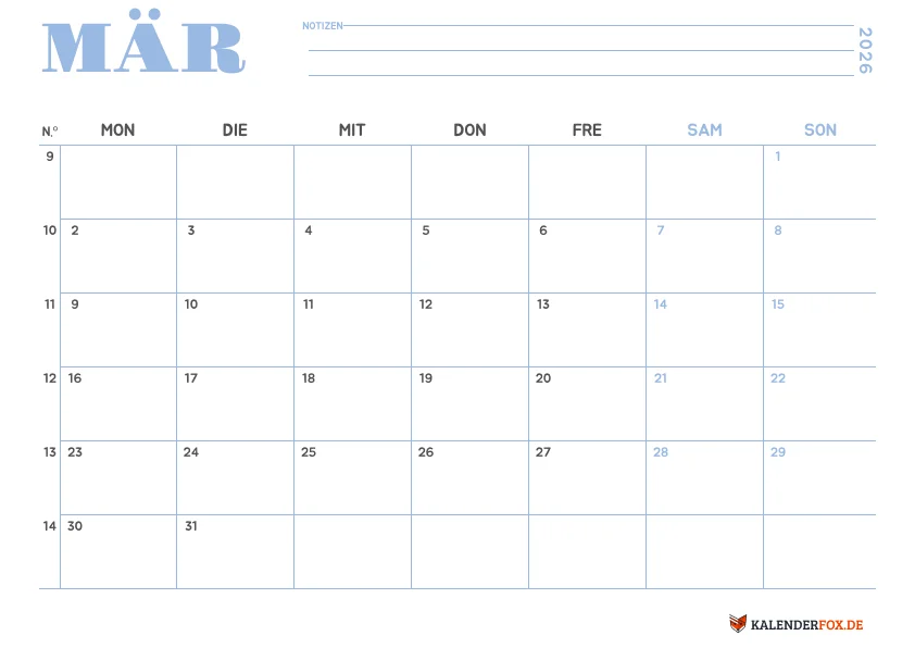 Minimalistischer Kalender märz 2026