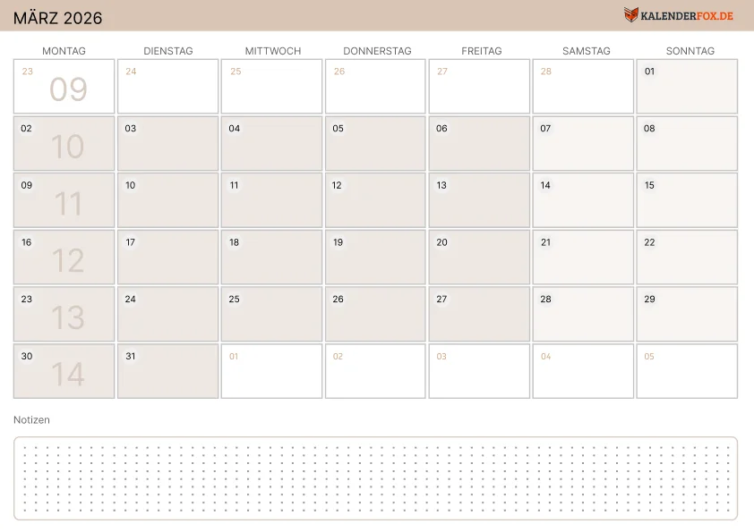 Moderne Kalender märz 2026