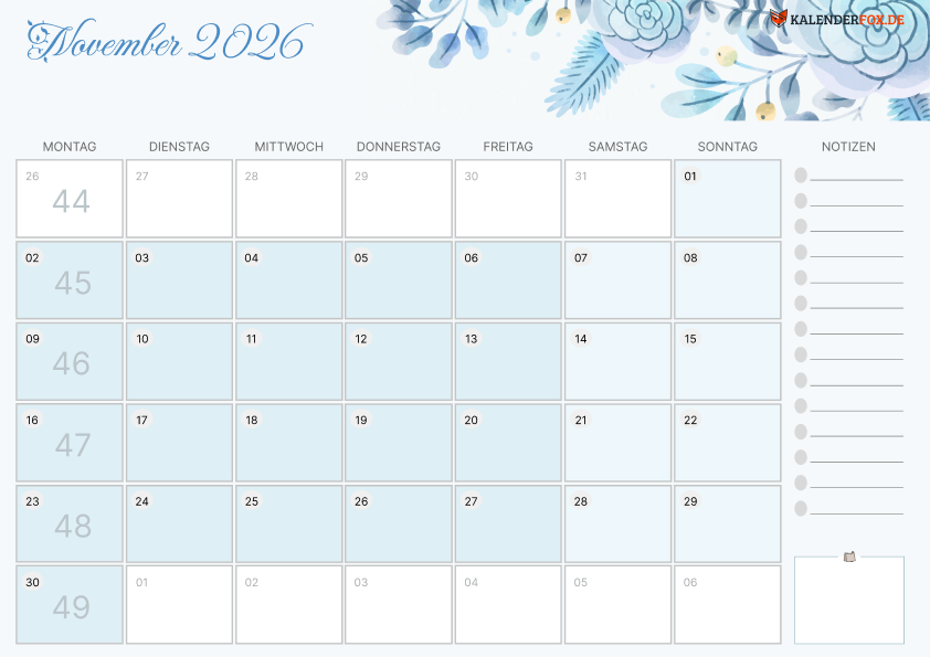 Aesthetic Kalender november 2026