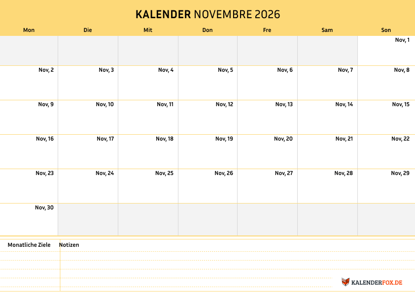 Einfacher Kalender november 2026