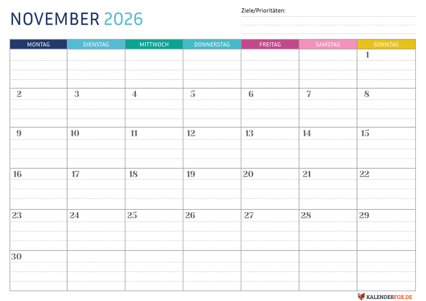 Gepunktete Kalender november 2026