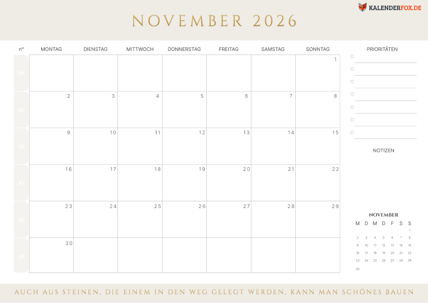 Kalender November 2026 Zum Ausdrucken PDF Kostenlos