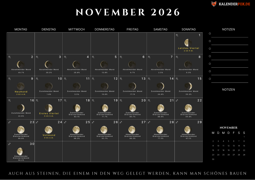 Kalender november 2026 mit Moonphasen