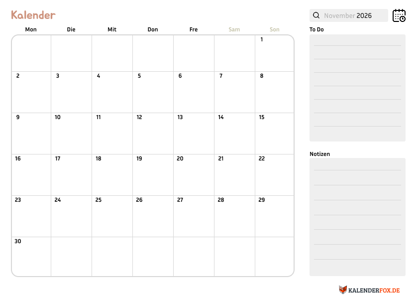 Kalender november 2026 mit Notizen