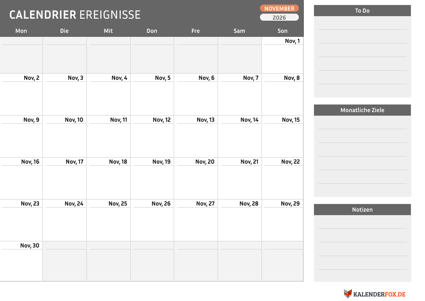 Kalender november 2026 mit To Do Liste