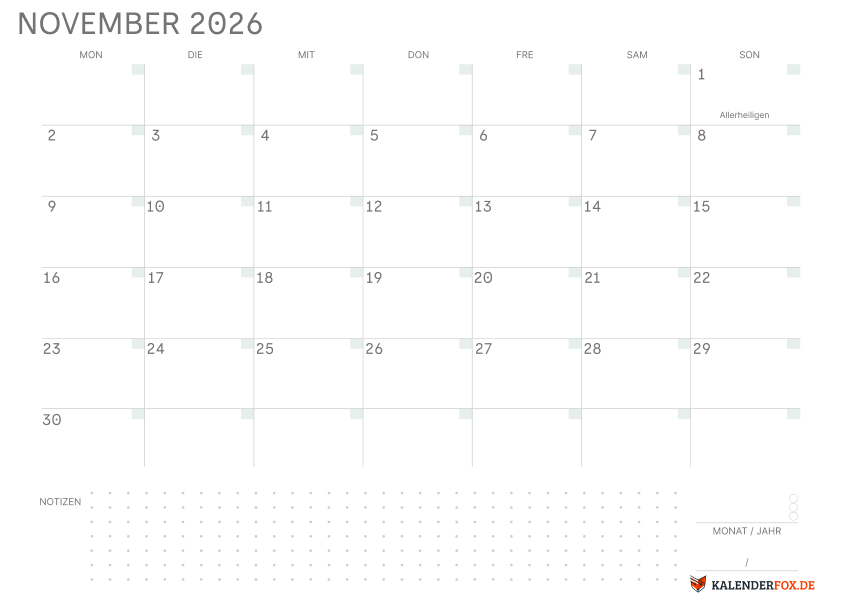 Leerer Kalender november 2026