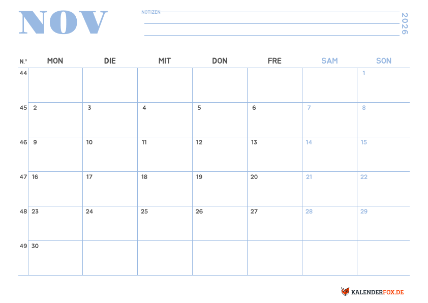 Minimalistischer Kalender november 2026
