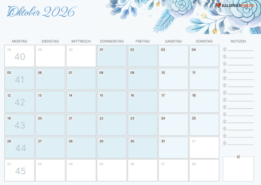 Aesthetic Kalender oktober 2026