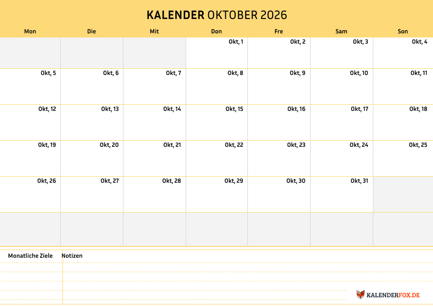 Einfacher Kalender oktober 2026