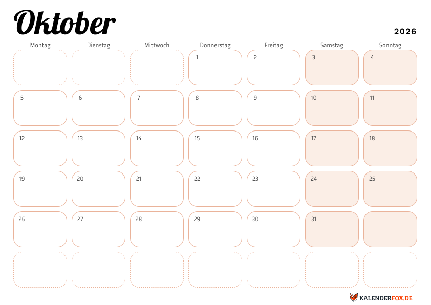 Eleganter kalender oktober 2026