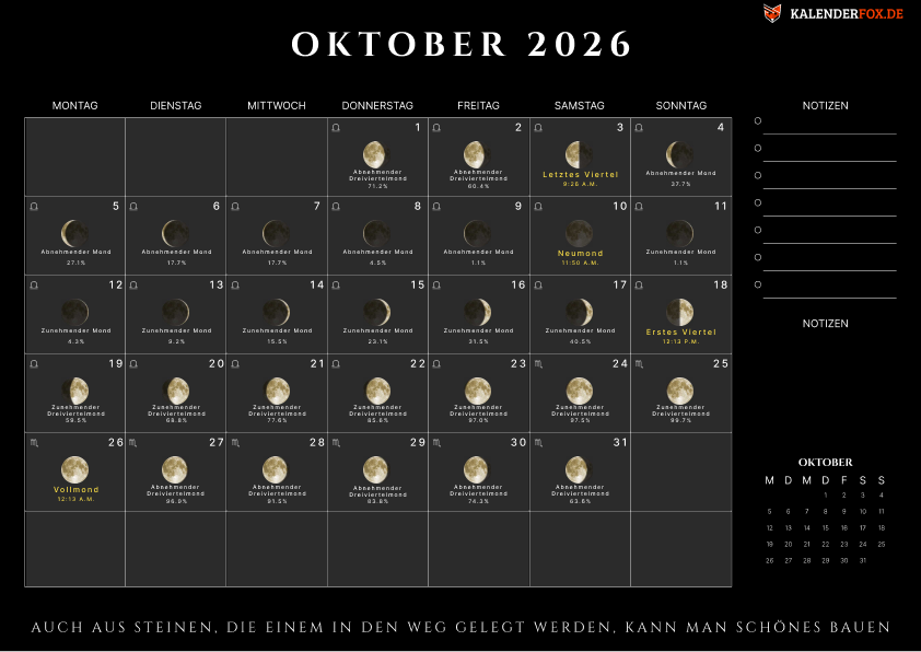 Kalender oktober 2026 mit Moonphasen