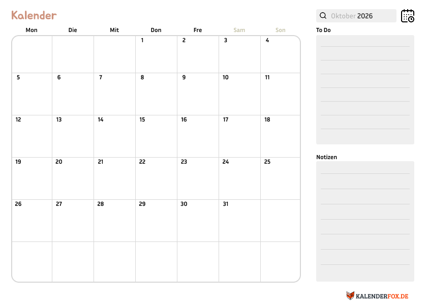 Kalender oktober 2026 mit Notizen