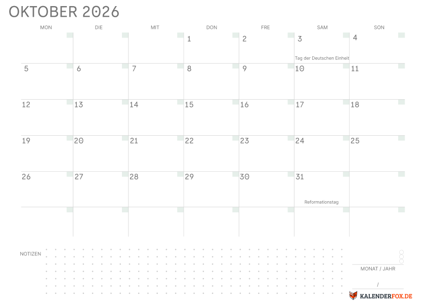 Leerer Kalender oktober 2026