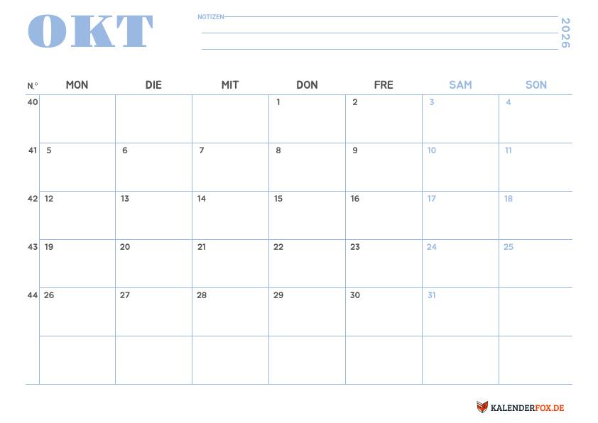 Minimalistischer Kalender oktober 2026