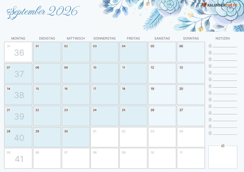 Aesthetic Kalender september 2026