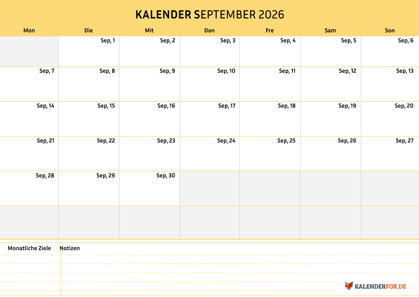 Einfacher Kalender september 2026