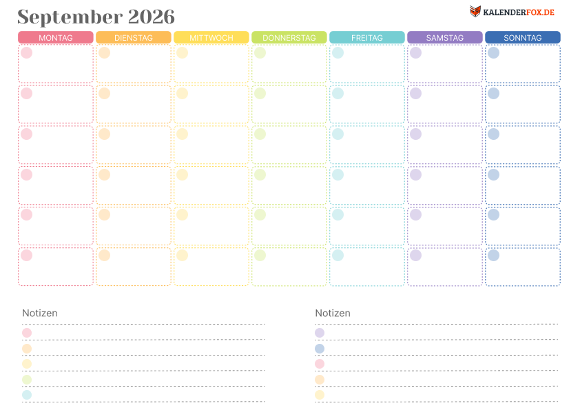 Farbenfroher Kalender september 2026