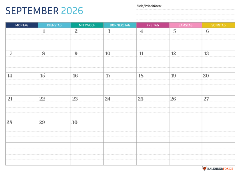 Gepunktete Kalender september 2026