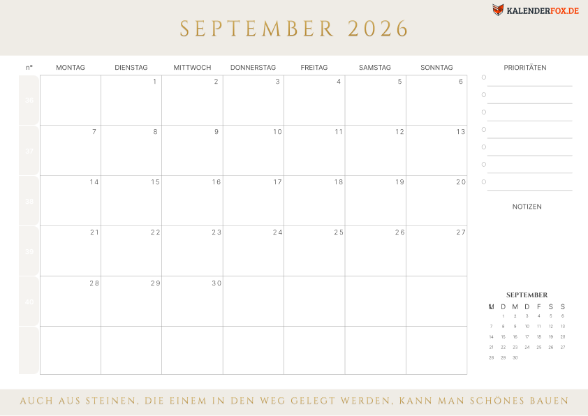 Kalender september 2026 mit KW