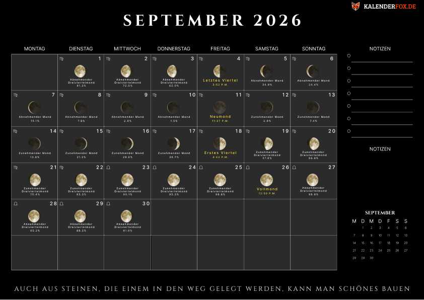 Kalender september 2026 mit Moonphasen