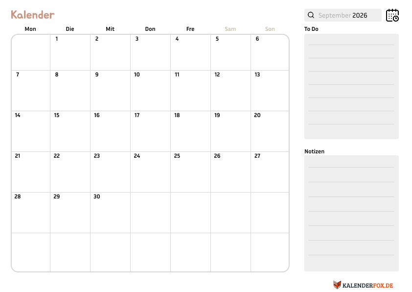 Kalender september 2026 mit Notizen