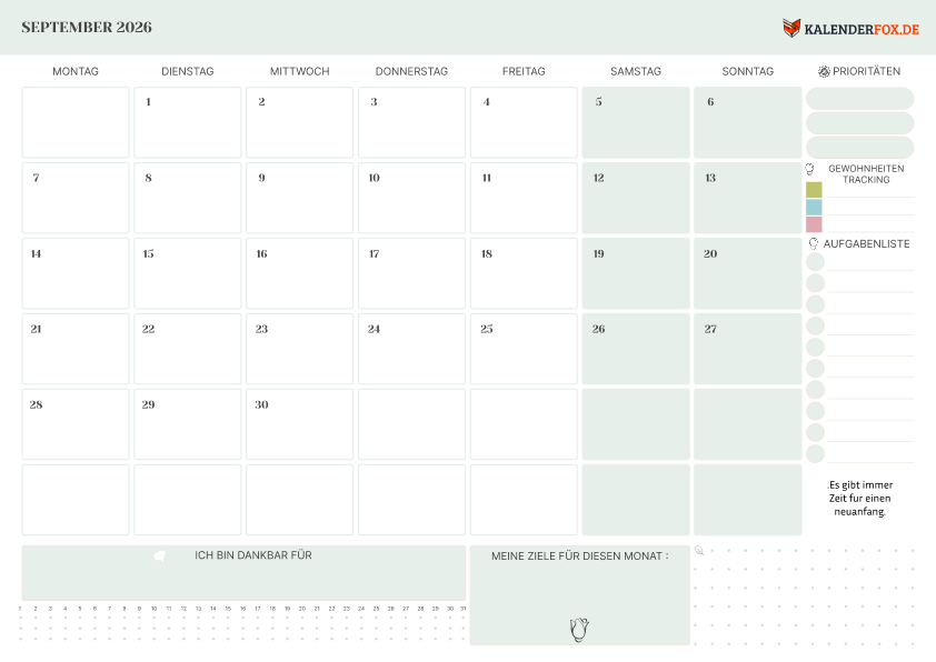 Kalender september 2026 mit Prioritäten