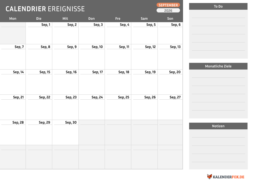Kalender september 2026 mit To Do Liste