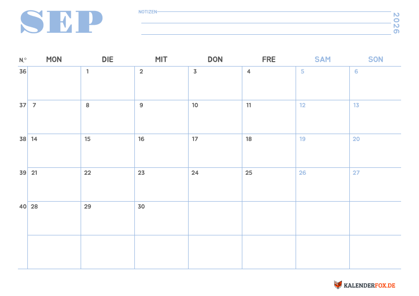 Minimalistischer Kalender september 2026